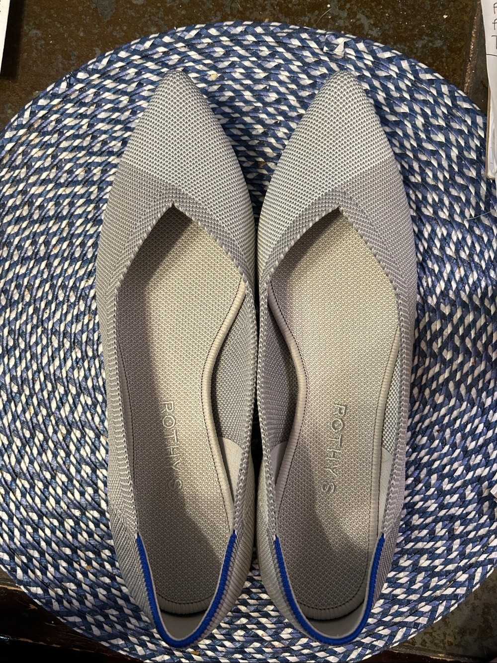 Rothy's Pointed Knit Flats in Light Gray with Blue Trim